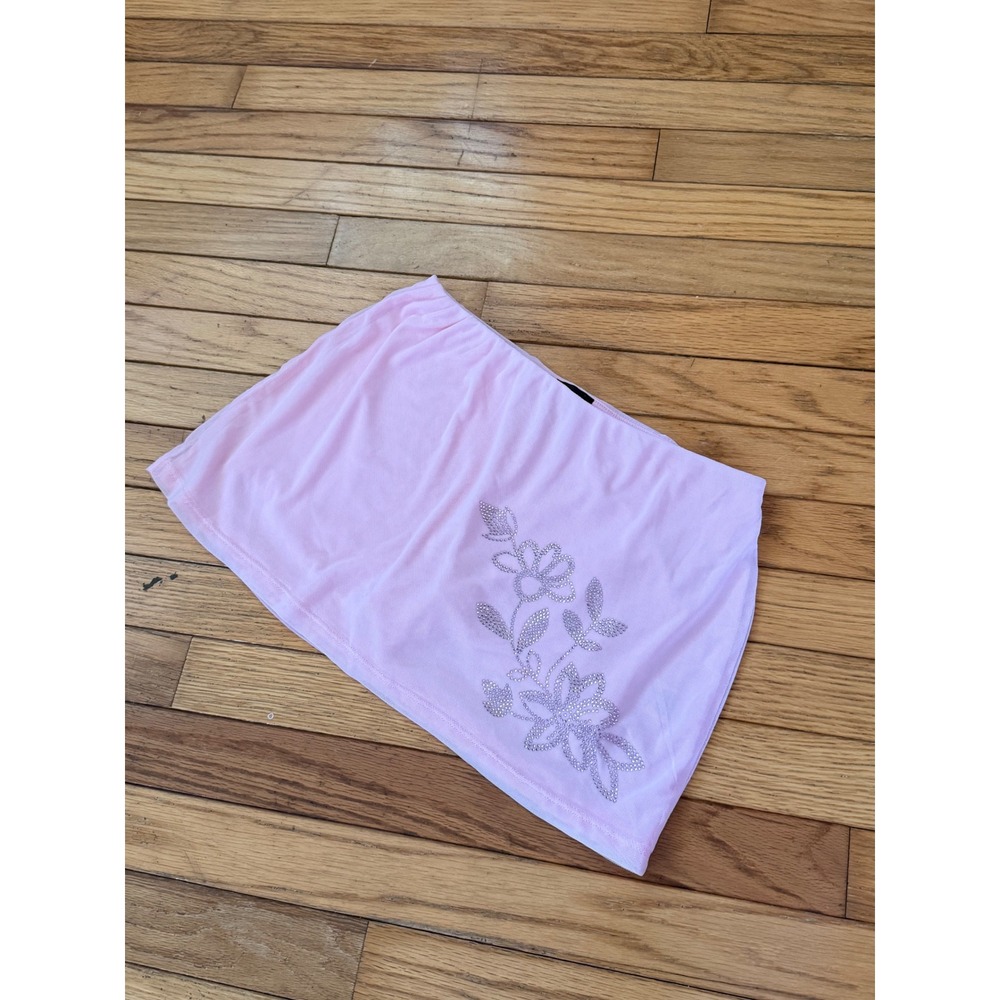 Y2K 2000s style Derek Heart Pink Mesh Rhinestone Floral Mini Skirt with shorts - Picture 3 of 8